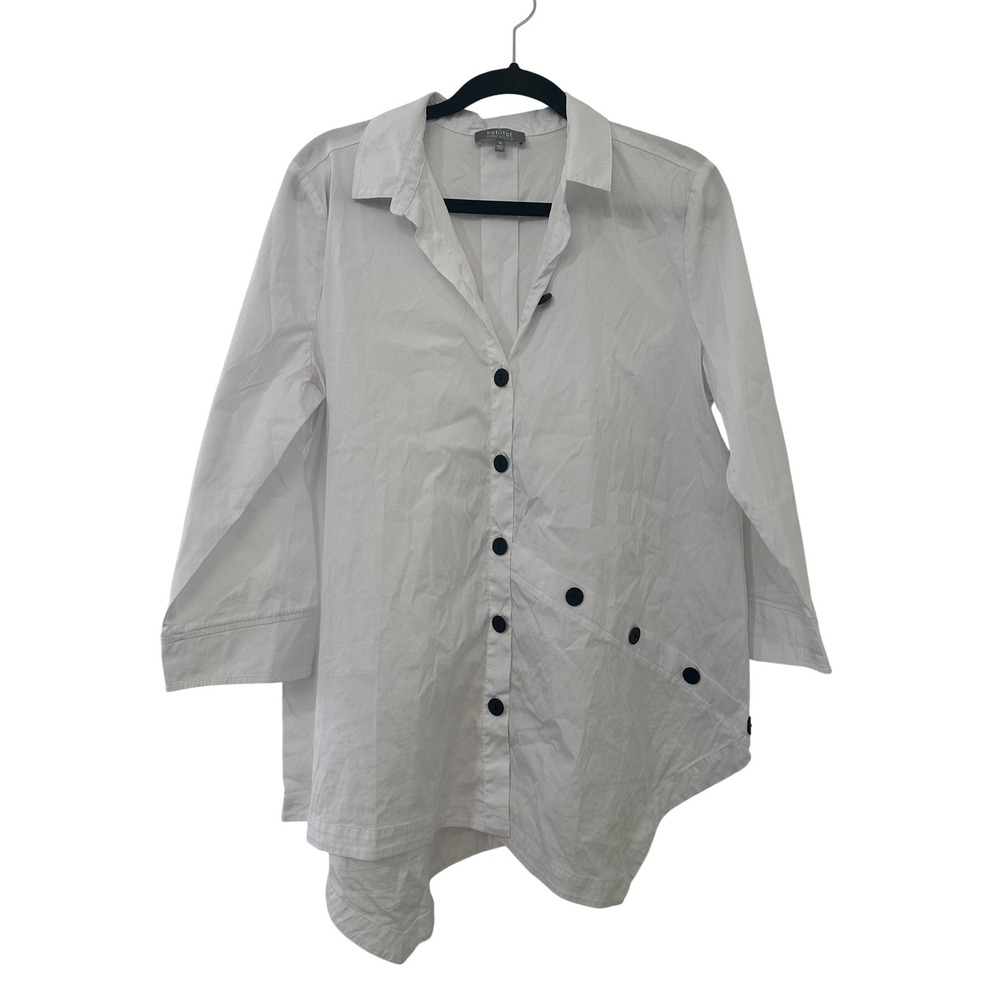 Habitat White Asymmetrical Button Up Tunic Top Womens M Lagenlook Minimal
